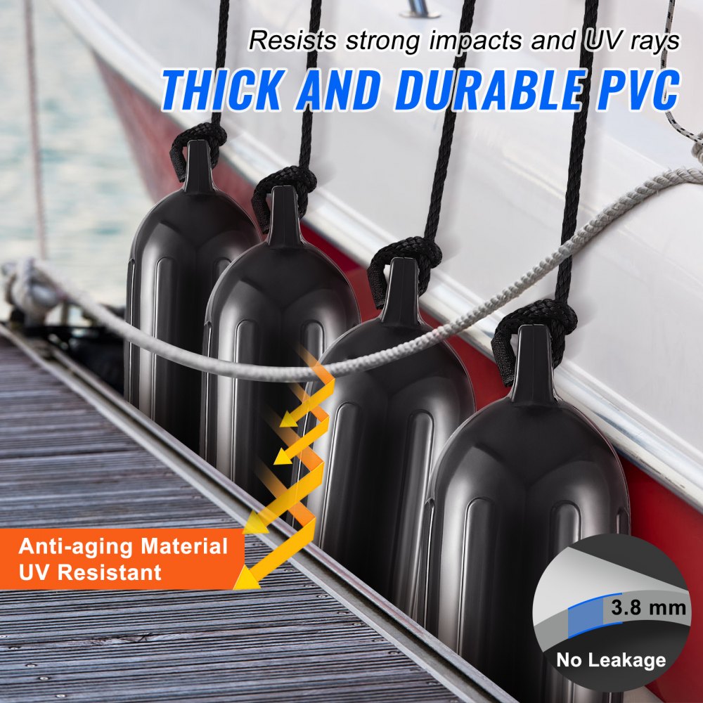 VEVOR Boat Fenders, 8.5" x 26" Boat Bumpers for Docking, Inflatable Ribbed Fender with Center Holes, Marine Boat Dock Fender Bumper with Air Pump, 4 Needles and 4 Ropes and Storage Bag, Black