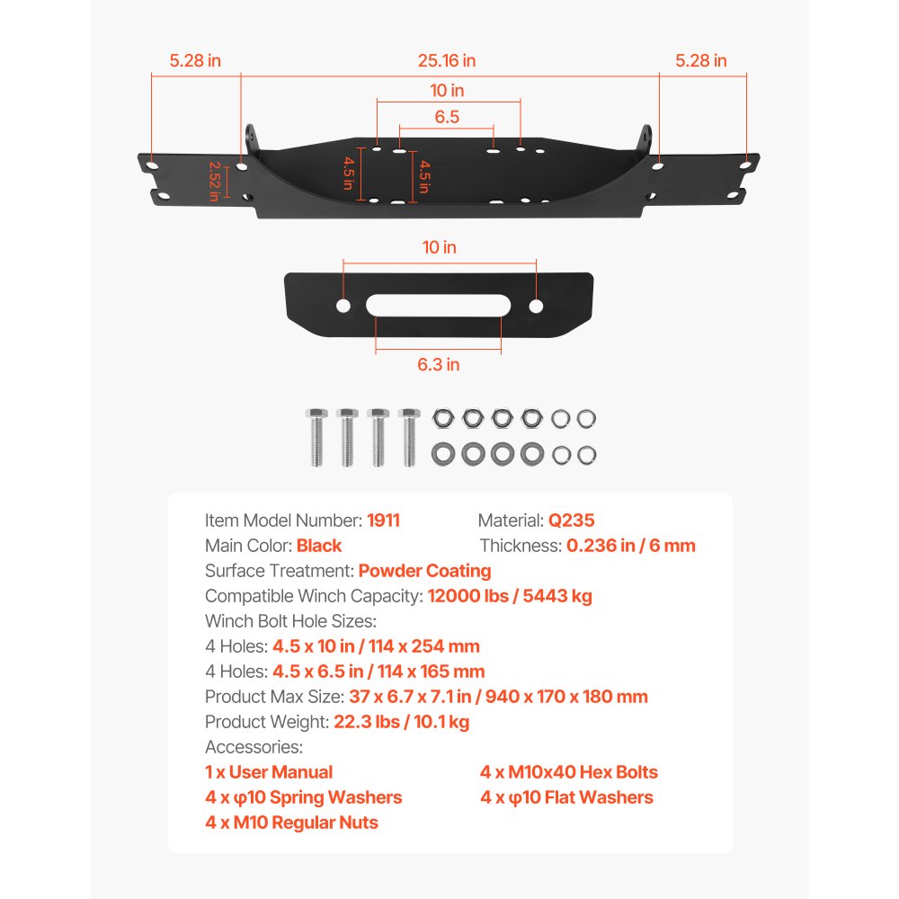 VEVOR Winch Mount, Winch Capacity of 12000 lbs / 5443 kg, Trailer Hitch Winch Mount for Select Jeep Wrangler JL/JLU & Gladiator JT Model (2018-2023), 2 Mounting Hole Design, Powder Coated Steel, Black