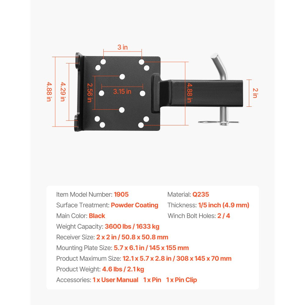 VEVOR Winch Mount, 3600 lbs / 1633 kg Load Capacity, Trailer Hitch Winch Mount with 2-inch Receiver, 2/4 Winch Bolt Holes, Powder Coated Steel, Suitable for ATV UTV Pickup Truck, Black