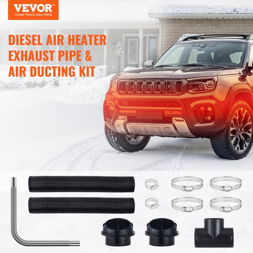 VEVOR Diesel Heater Pipe Ducting Set, 3" Extendable Air Duct Hose, 1" Stainless Steel Exhaust Pipe, 2 Air Vents, Tee Air Outlet Connector and Hose Clamps, for 5KW/8KW Diesel Parking Heaters