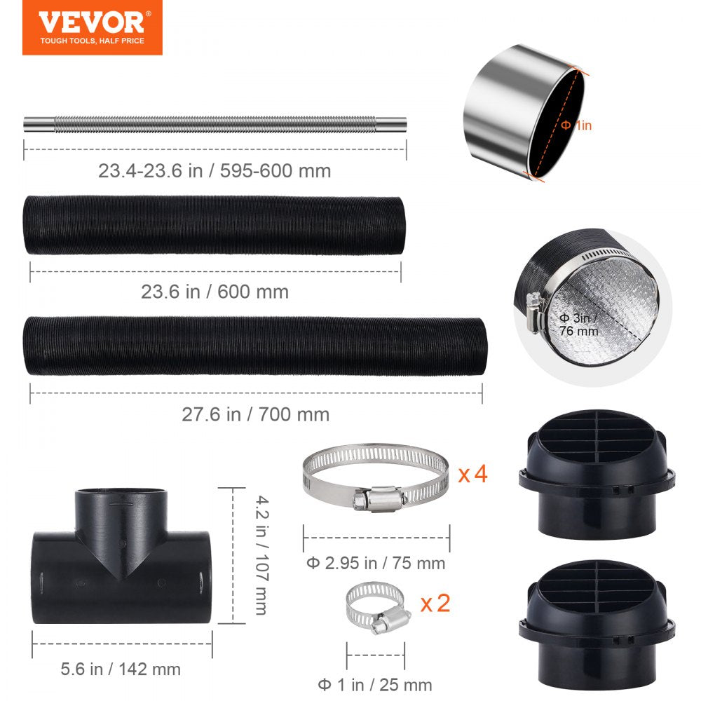 VEVOR Diesel Heater Pipe Ducting Set, 3" Extendable Air Duct Hose, 1" Stainless Steel Exhaust Pipe, 2 Air Vents, Tee Air Outlet Connector and Hose Clamps, for 5KW/8KW Diesel Parking Heaters