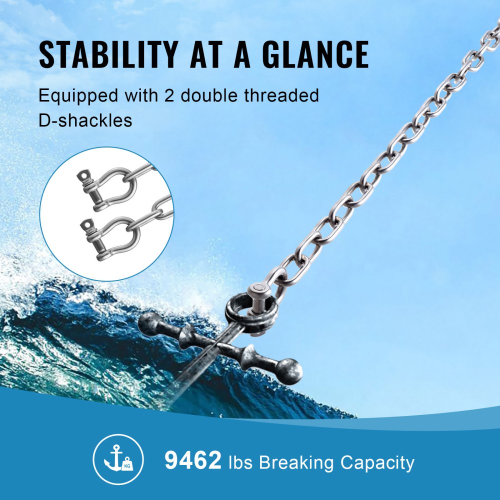 VEVOR Boat Anchor Chain, 1/4" x 4', 1700 lbs. WLL/4800 lbs. BS, 316 Stainless Steel Marine Grade Anchor Lead Chain with Dual Lock Ring Shackles for Boats, Deck, Fishing, Works with Different Anchors