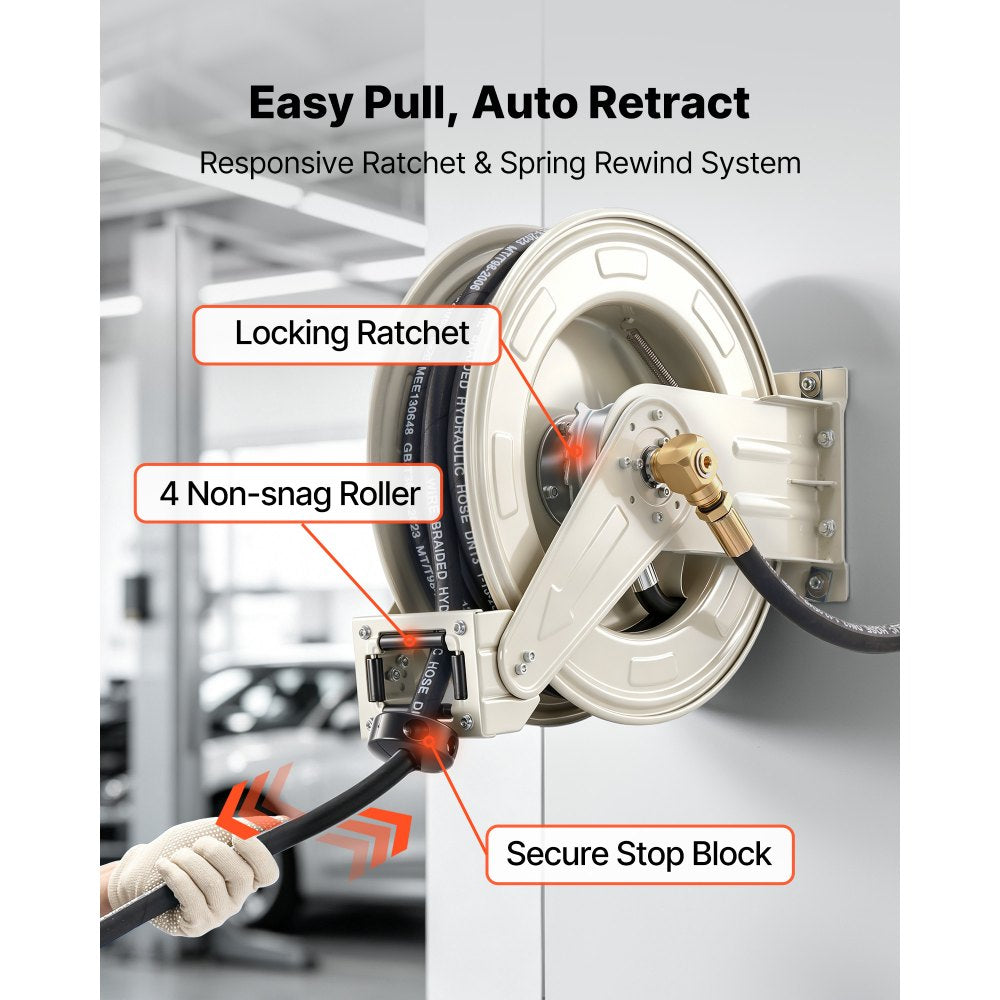 VEVOR Oil Hose Reel, 1/2 inch x 33 ft Retractable, Spring Driven Auto Swivel Rewind, Max 3625 PSI, Heavy-Duty Carbon Steel Construction with Steel Wire Braided Hose, for Engine / Gear / Hydraulic Oil