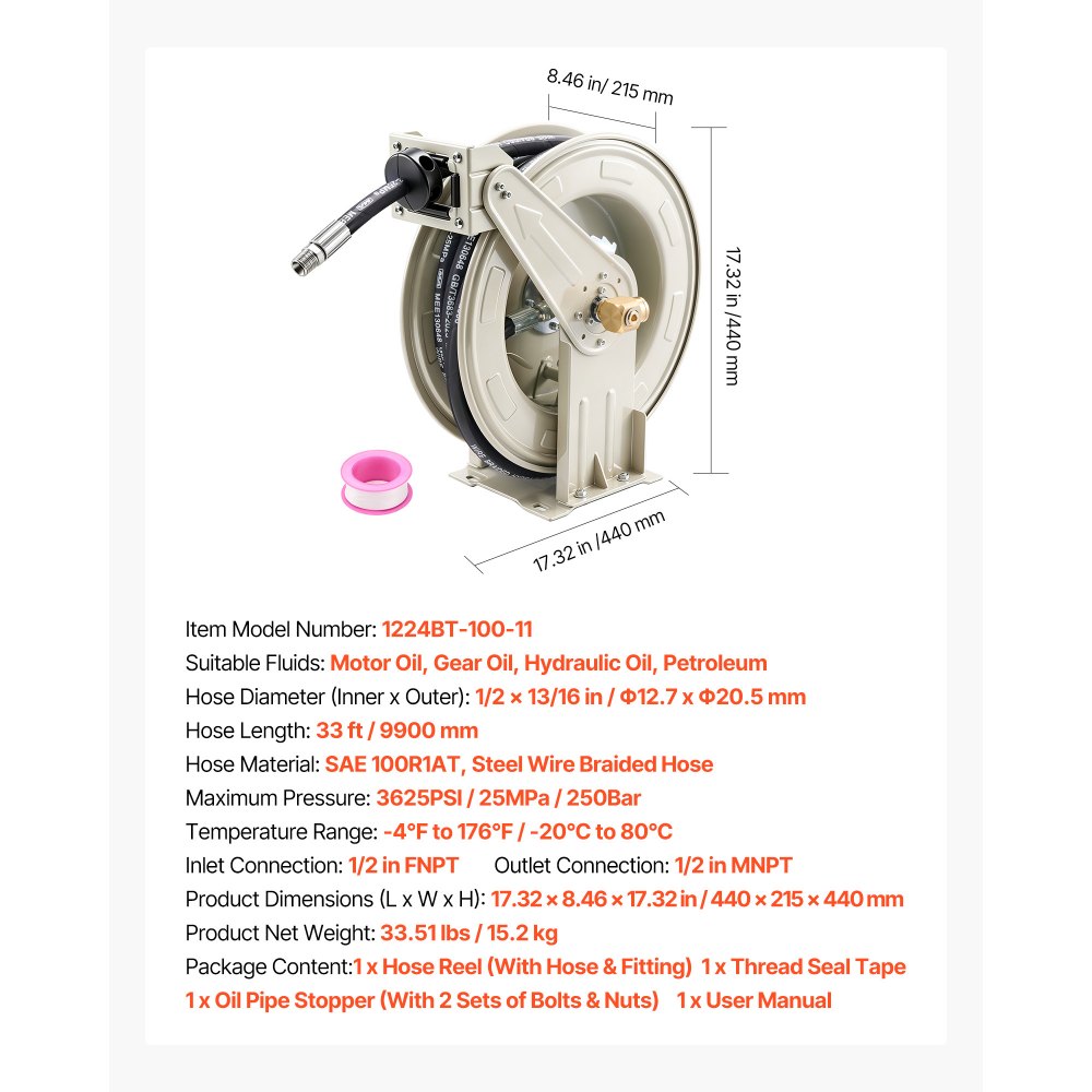 VEVOR Oil Hose Reel, 1/2 inch x 33 ft Retractable, Spring Driven Auto Swivel Rewind, Max 3625 PSI, Heavy-Duty Carbon Steel Construction with Steel Wire Braided Hose, for Engine / Gear / Hydraulic Oil