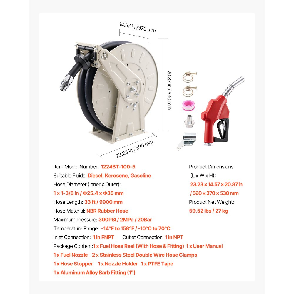 VEVOR Fuel Hose Reel, 1 inch x 33 ft Retractable, Spring Driven Auto Swivel Rewind, 300 PSI, Heavy-Duty Carbon Steel Construction with Industrial Grade Rubber Hose, for Diesel Fuel, Kerosene