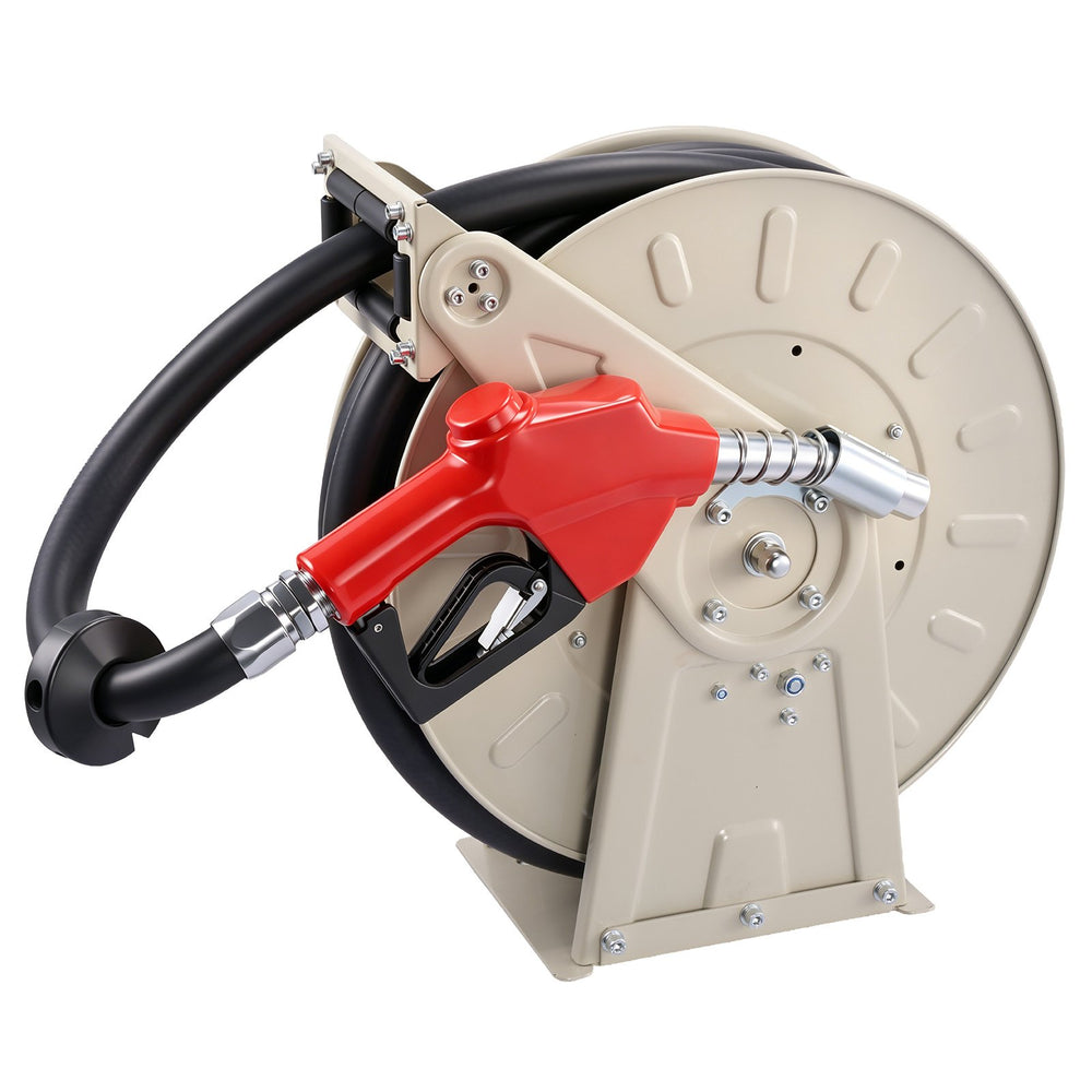 VEVOR Fuel Hose Reel, 1 inch x 33 ft Retractable, Spring Driven Auto Swivel Rewind, 300 PSI, Heavy-Duty Carbon Steel Construction with Industrial Grade Rubber Hose, for Diesel Fuel, Kerosene