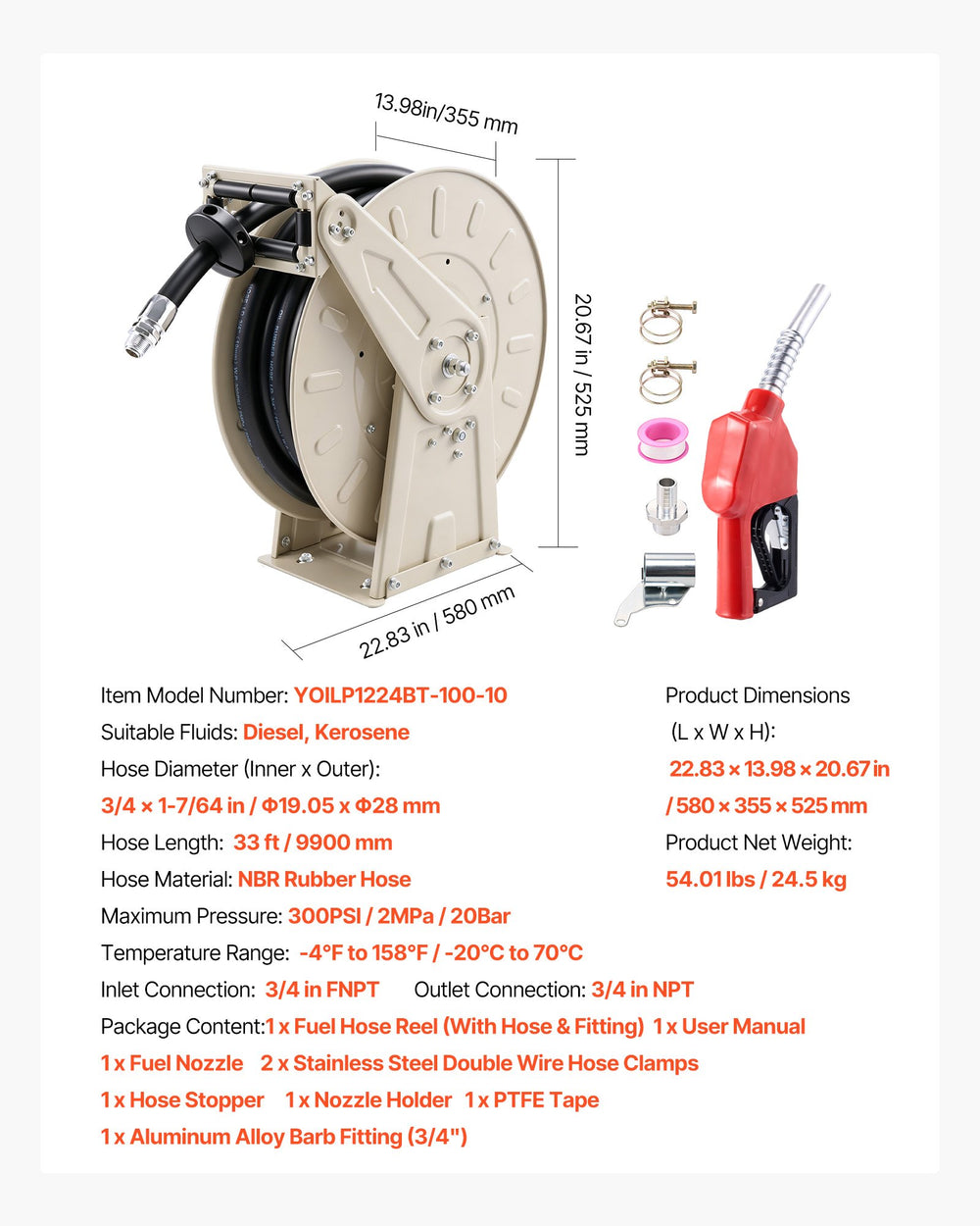 VEVOR Fuel Hose Reel, 3/4 inch x 33 ft Retractable, Spring Driven Auto Swivel Rewind, 300 PSI, Heavy-Duty Carbon Steel Construction with Industrial Grade Rubber Hose, for Diesel Fuel, Kerosene