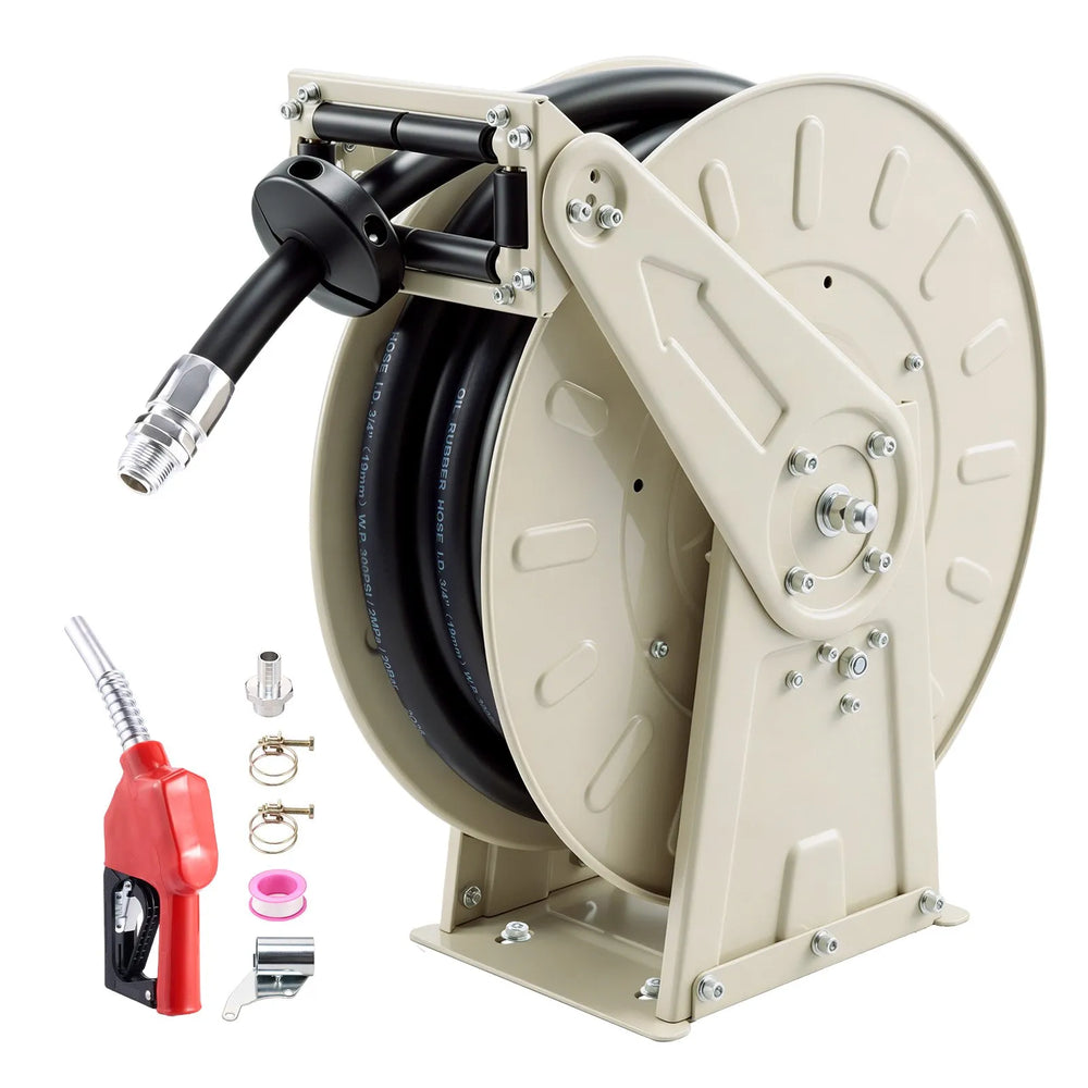 VEVOR Fuel Hose Reel, 3/4 inch x 33 ft Retractable, Spring Driven Auto Swivel Rewind, 300 PSI, Heavy-Duty Carbon Steel Construction with Industrial Grade Rubber Hose, for Diesel Fuel, Kerosene