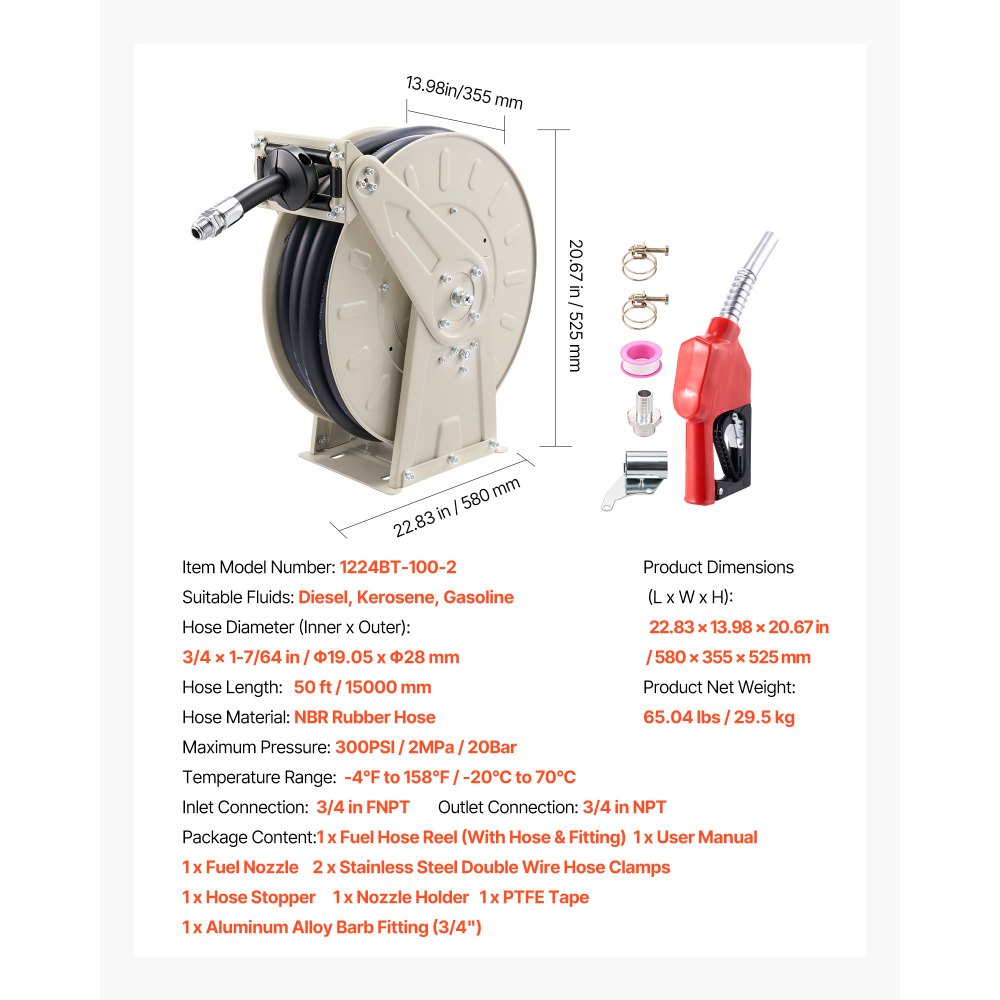VEVOR Fuel Hose Reel, 3/4 inch x 50 ft Retractable, Spring Driven Auto Swivel Rewind, 300 PSI, Heavy-Duty Carbon Steel Construction with Industrial Grade Rubber Hose, for Diesel Fuel, Kerosene