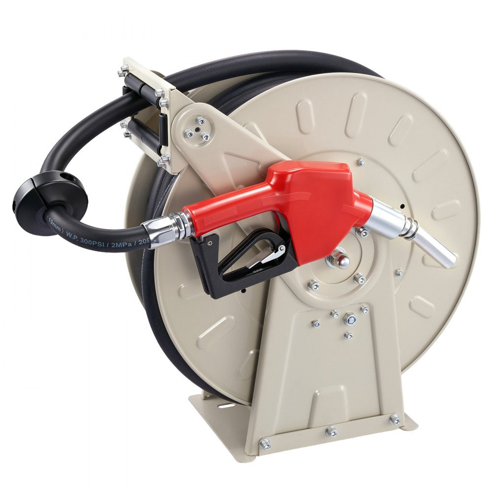VEVOR Fuel Hose Reel, 3/4 inch x 50 ft Retractable, Spring Driven Auto Swivel Rewind, 300 PSI, Heavy-Duty Carbon Steel Construction with Industrial Grade Rubber Hose, for Diesel Fuel, Kerosene