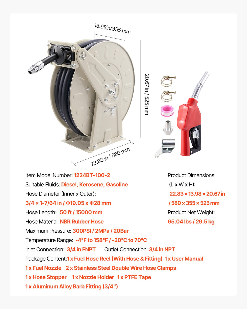 VEVOR Fuel Hose Reel, 3/4 inch x 50 ft Retractable, Spring Driven Auto Swivel Rewind, 300 PSI, Heavy-Duty Carbon Steel Construction with Industrial Grade Rubber Hose, for Diesel Fuel, Kerosene