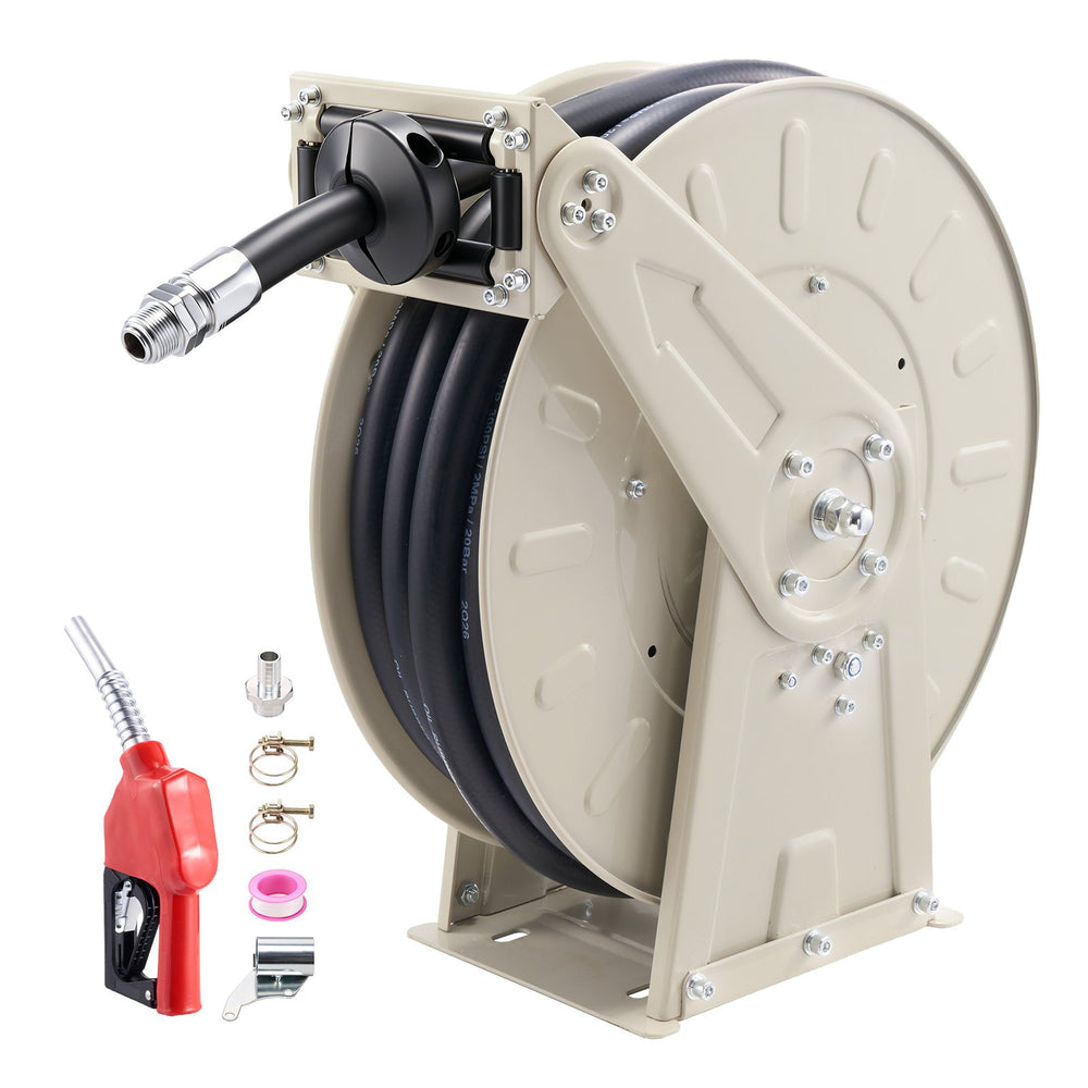 VEVOR Fuel Hose Reel, 3/4 inch x 50 ft Retractable, Spring Driven Auto Swivel Rewind, 300 PSI, Heavy-Duty Carbon Steel Construction with Industrial Grade Rubber Hose, for Diesel Fuel, Kerosene