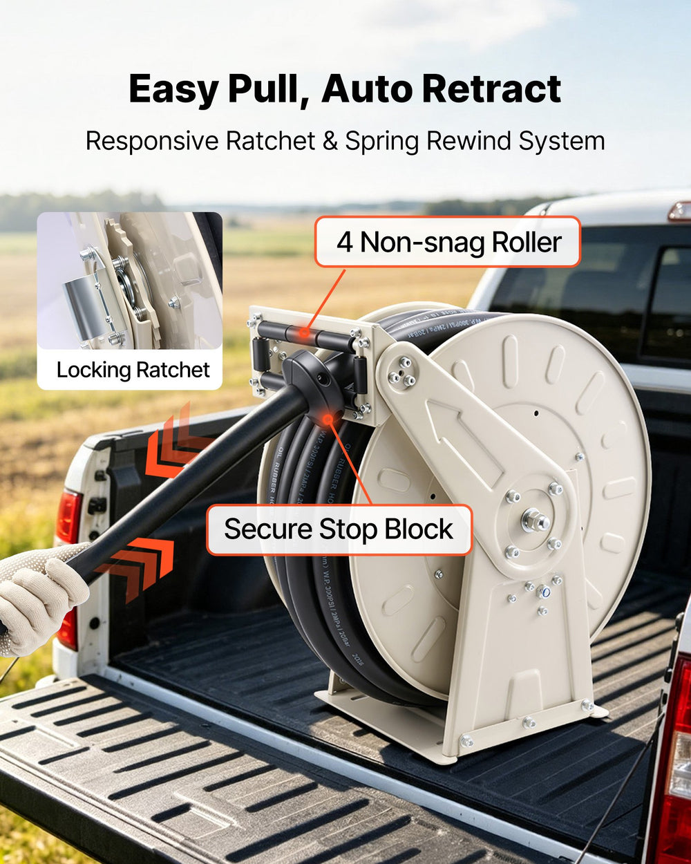 VEVOR Fuel Hose Reel, 1 inch x 50 ft Retractable, Spring Driven Auto Swivel Rewind, 300 PSI, Heavy-Duty Carbon Steel Construction with Industrial Grade Rubber Hose, for Diesel Fuel, Kerosene