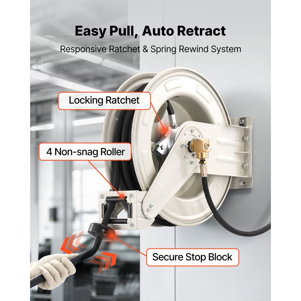 VEVOR Grease Hose Reel, 1/4 in x 50 ft Retractable, Spring Driven Auto Swivel Rewind, Max 10152 PSI, Heavy-Duty Carbon Steel Construction with Steel Wire Braided Hose, for Lube, Grease, Hydraulic Oil