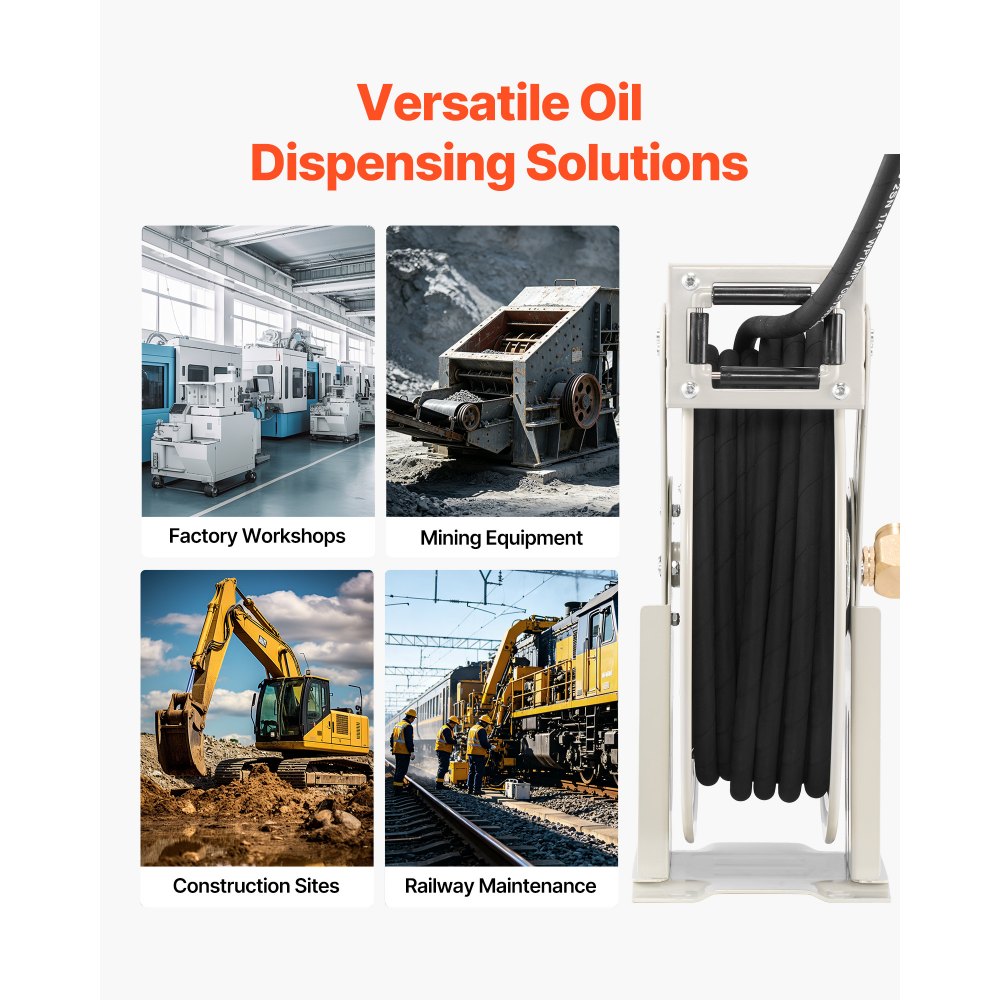 VEVOR Grease Hose Reel, 1/4 in x 50 ft Retractable, Spring Driven Auto Swivel Rewind, Max 10152 PSI, Heavy-Duty Carbon Steel Construction with Steel Wire Braided Hose, for Lube, Grease, Hydraulic Oil