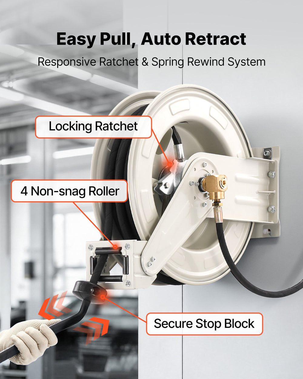 VEVOR Grease Hose Reel, 1/4 in x 50 ft Retractable, Spring Driven Auto Swivel Rewind, Max 10152 PSI, Heavy-Duty Carbon Steel Construction with Steel Wire Braided Hose, for Lube, Grease, Hydraulic Oil