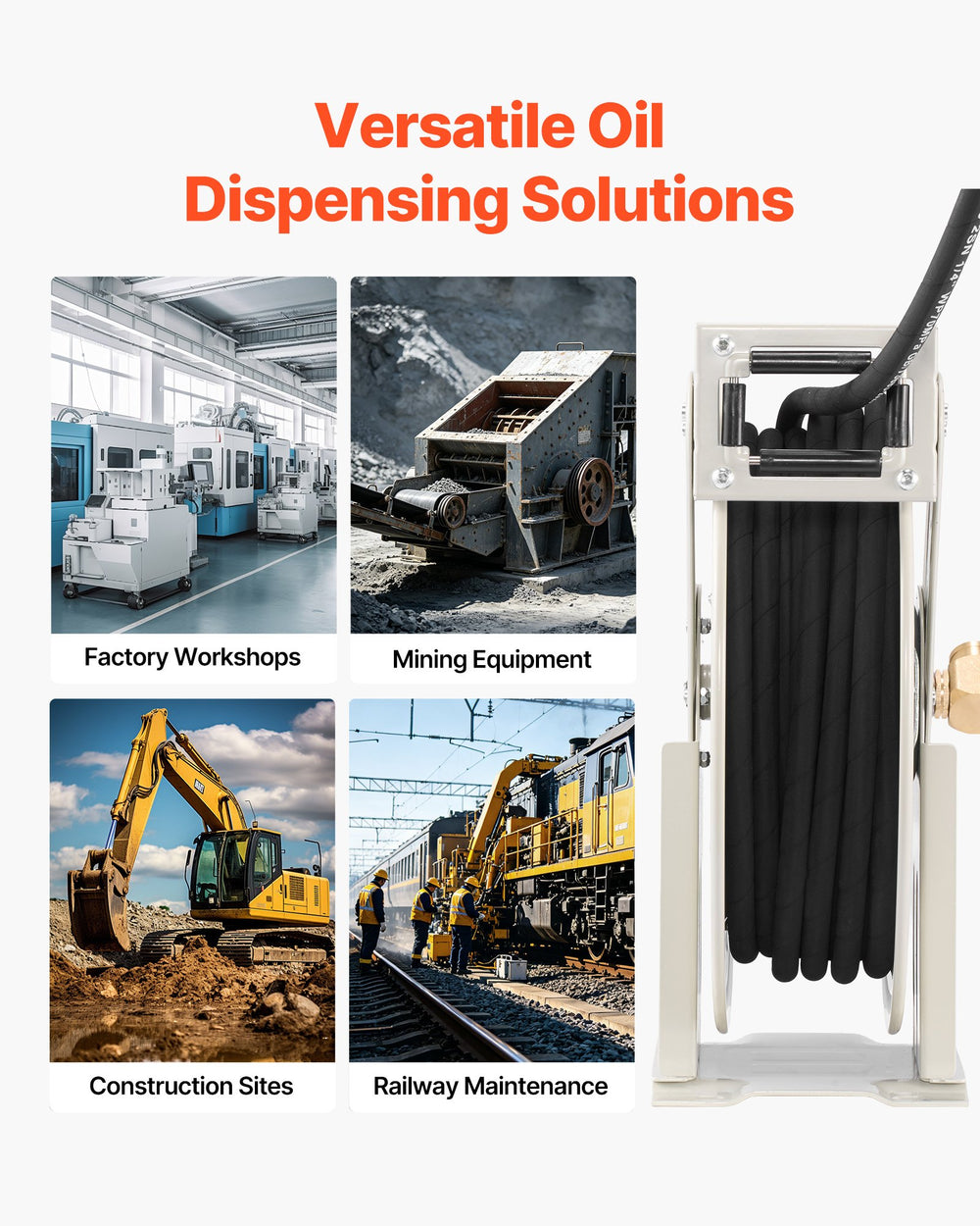 VEVOR Grease Hose Reel, 1/4 in x 50 ft Retractable, Spring Driven Auto Swivel Rewind, Max 10152 PSI, Heavy-Duty Carbon Steel Construction with Steel Wire Braided Hose, for Lube, Grease, Hydraulic Oil