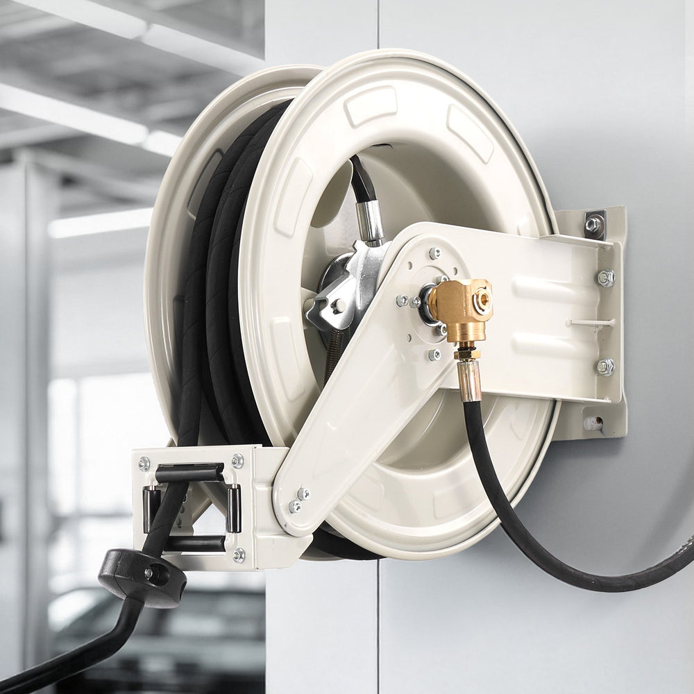 VEVOR Grease Hose Reel, 1/4 in x 50 ft Retractable, Spring Driven Auto Swivel Rewind, Max 10152 PSI, Heavy-Duty Carbon Steel Construction with Steel Wire Braided Hose, for Lube, Grease, Hydraulic Oil