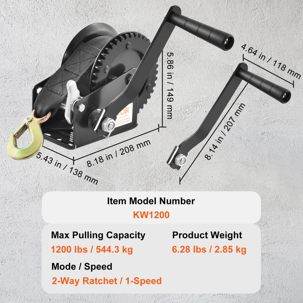 VEVOR Hand Winch, 1200 lbs Pulling Capacity, Boat Trailer Winch Heavy Duty Rope Crank with 23 ft Polyester Strap and Two-Way Ratchet, Manual Operated Hand Crank Winch for Trailer, Boat or ATV Towing