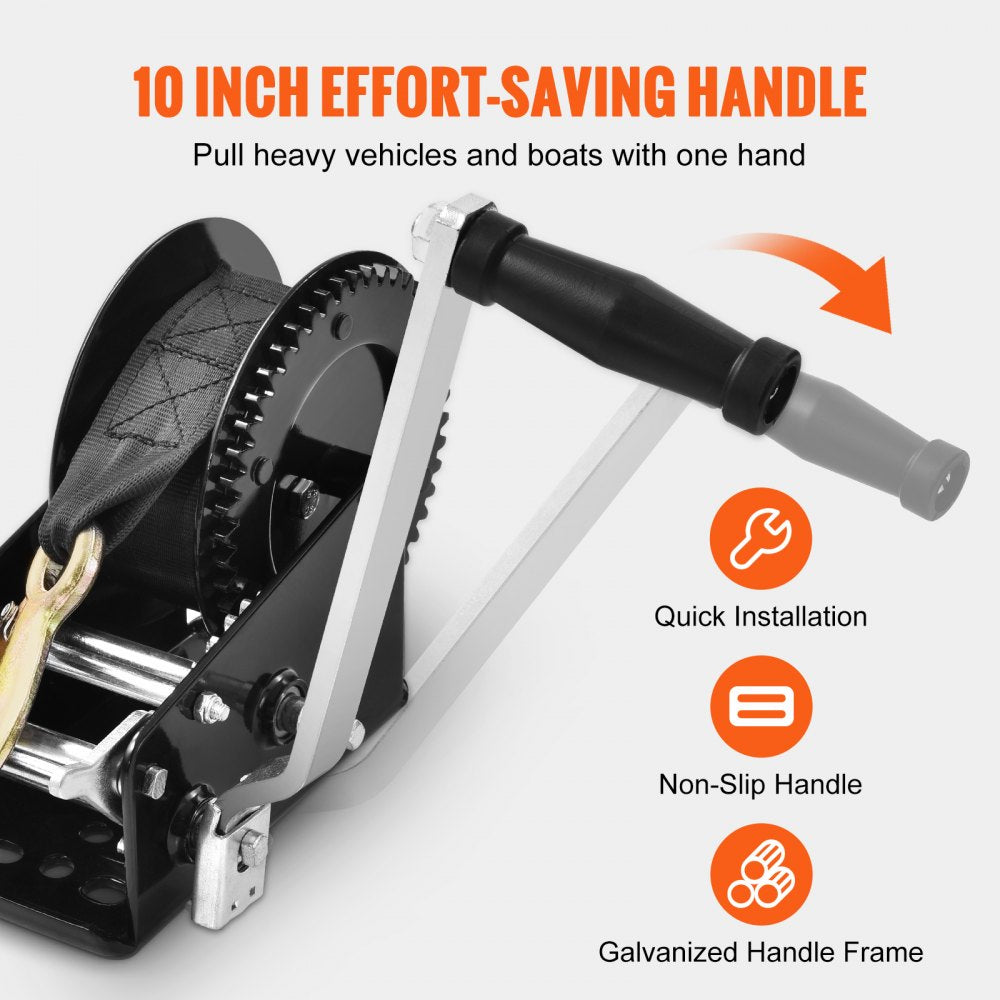 VEVOR Hand Winch, 3500 lbs Pulling Capacity, Boat Trailer Winch Heavy Duty Rope Crank with 33 ft Polyester Strap and Two-Way Ratchet, Manual Operated Hand Crank Winch for Trailer, Boat or ATV Towing