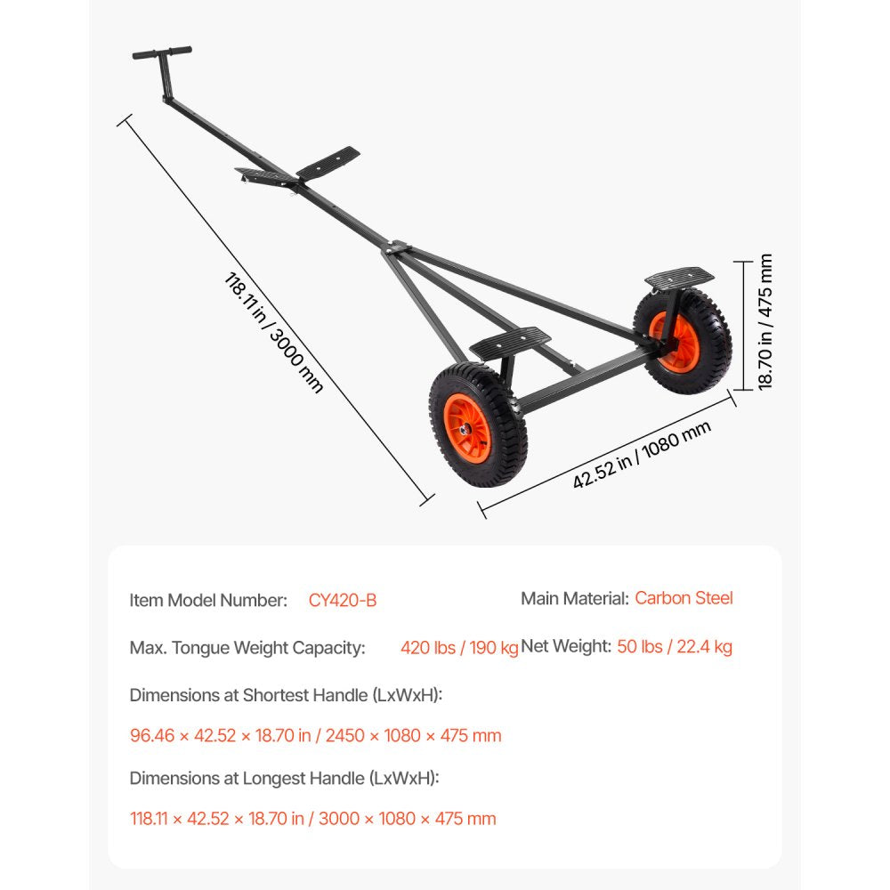 VEVOR Boat Trailer Dolly, 420lbs Load Capacity, Carbon Steel Trailer Mover with Adjustable Length, 15.7 in Pneumatic Tires and Nonslip Support Bracket, for Moving Kayak Motorboat Fishing Boat