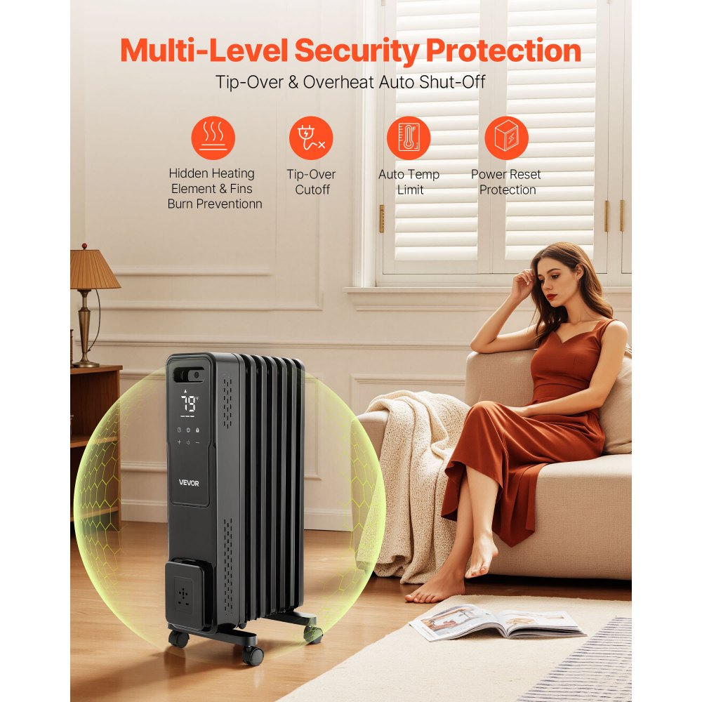VEVOR Electric Oil Filled Radiator, 1500W Radiant Space Heater with Dual U-shaped Heating Tubes, Over-Heat Protections,3 Heat Settings,24h Timer, Flexible Casters, Remote Control for Indoor,Black