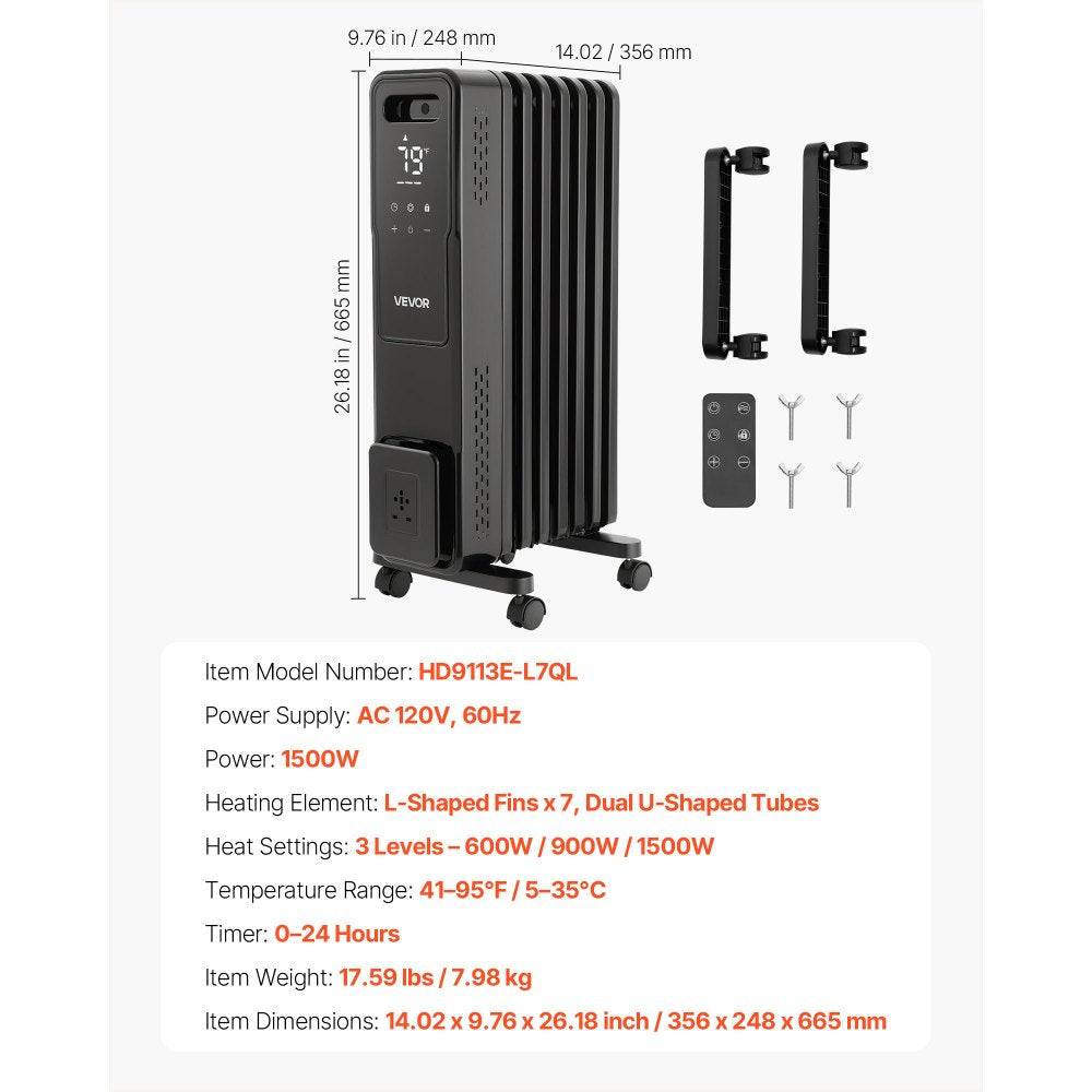 VEVOR Electric Oil Filled Radiator, 1500W Radiant Space Heater with Dual U-shaped Heating Tubes, Over-Heat Protections,3 Heat Settings,24h Timer, Flexible Casters, Remote Control for Indoor,Black