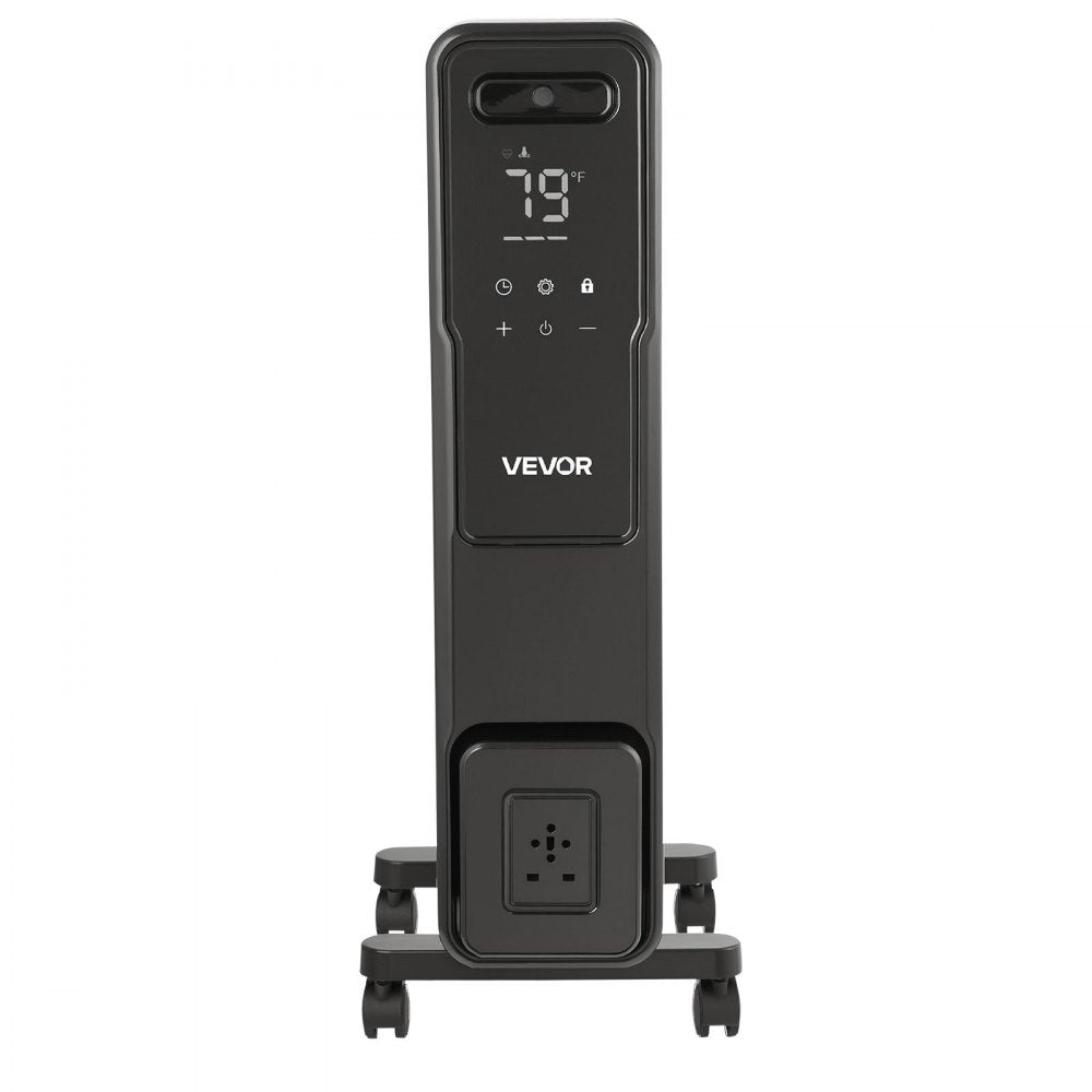 VEVOR Electric Oil Filled Radiator, 1500W Radiant Space Heater with Dual U-shaped Heating Tubes, Over-Heat Protections,3 Heat Settings,24h Timer, Flexible Casters, Remote Control for Indoor,Black