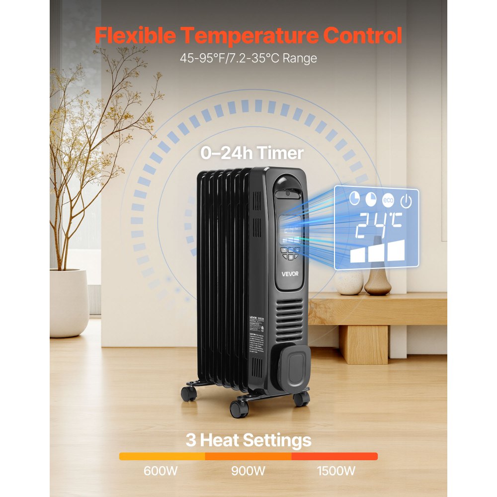 VEVOR Electric Oil Filled Radiator, 1500W Radiant Space Heater with LED Screen, Over-Heat Protections,24h Timer, Portable Handle Casters, Thermostat,Remote Control for Indoor Use,Black