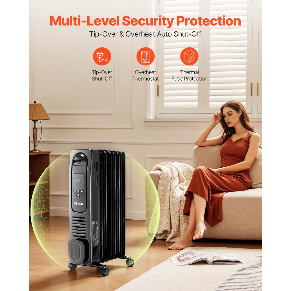 VEVOR Electric Oil Filled Radiator, 1500W Radiant Space Heater with LED Screen, Over-Heat Protections,24h Timer, Portable Handle Casters, Thermostat,Remote Control for Indoor Use,Black