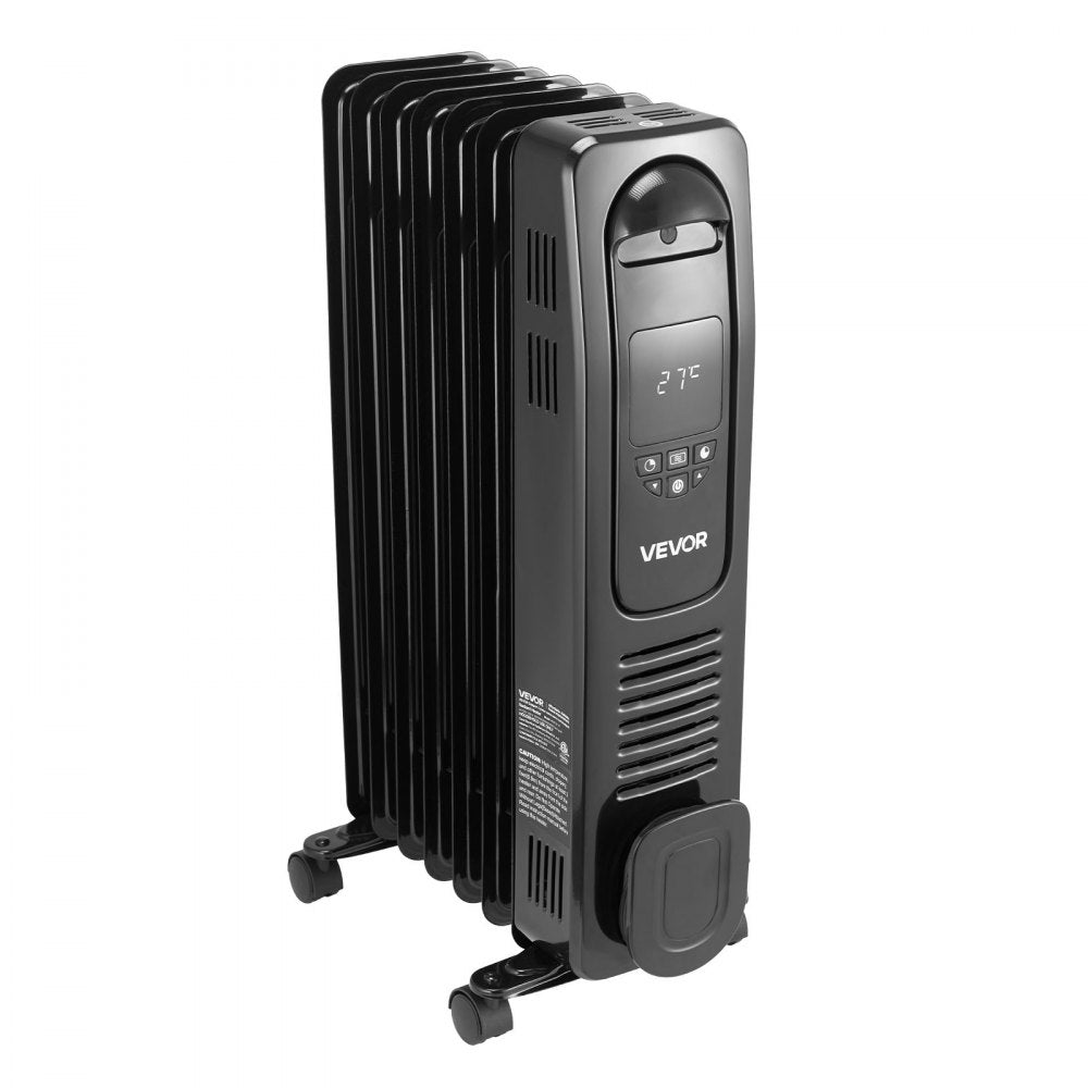 VEVOR Electric Oil Filled Radiator, 1500W Radiant Space Heater with LED Screen, Over-Heat Protections,24h Timer, Portable Handle Casters, Thermostat,Remote Control for Indoor Use,Black