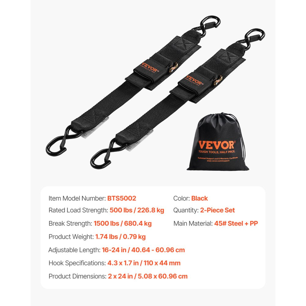 VEVOR Retractable Ratchet Straps, 2 in x 2 ft Ratchet Tie Down Straps with Security Lock S Hooks, 2 Pack Heavy Duty Ratchet Tie Down Straps with 1500 lbs Break Strength, for Trailers, Vehicles, Boat