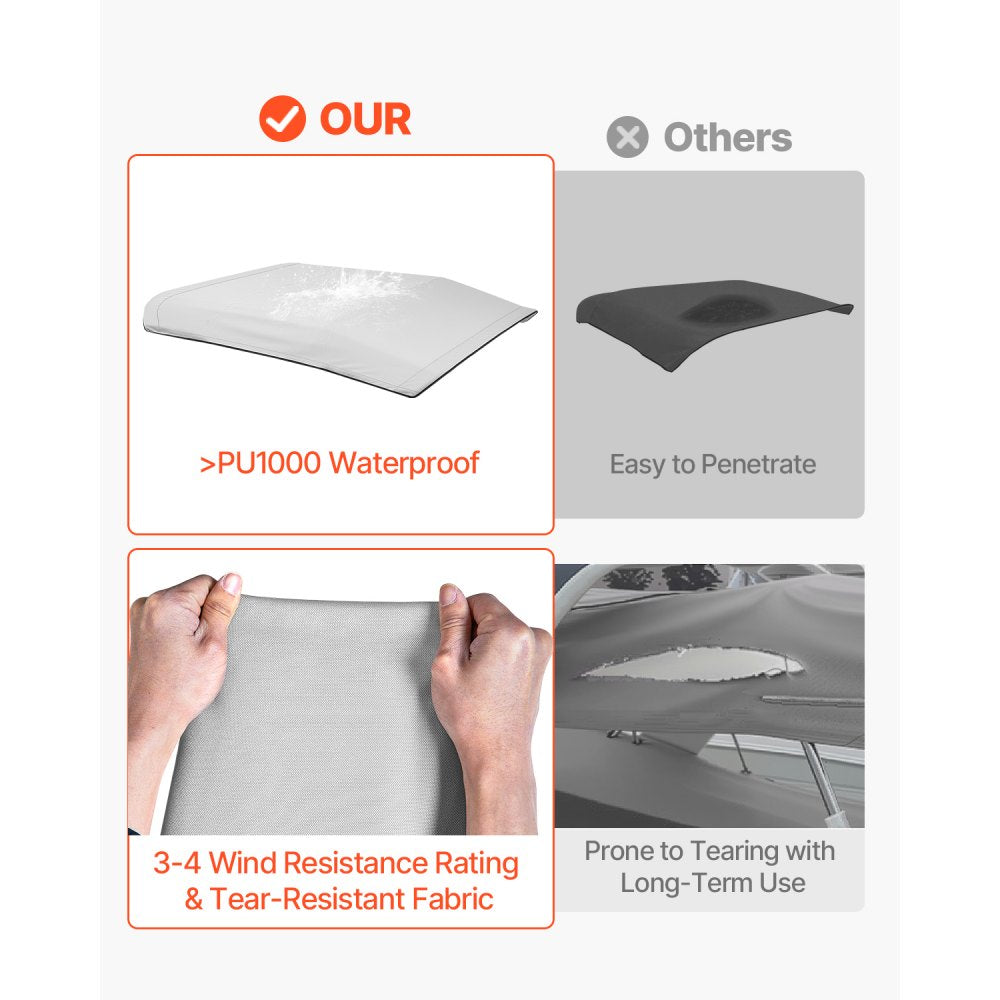 VEVOR 4 Bow Bimini Top Replacement Cover, 8 ft Long, Durable 600D Marine Grade Waterproof Sun Shade Boat Canopy with Storage Boot, Easy Install Zipper Sleeve Awning, 96"L x (91"-96")W, Gray (No Frame)