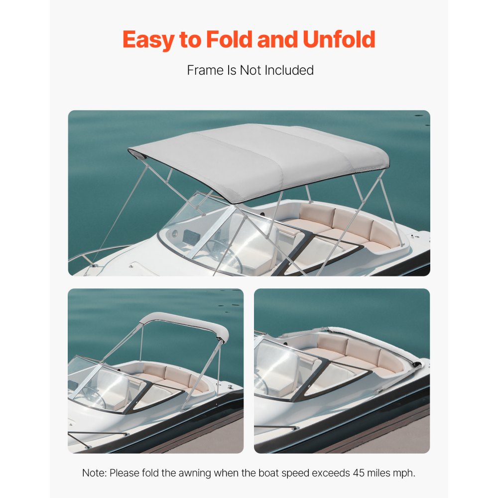 VEVOR 4 Bow Bimini Top Replacement Cover, 8 ft Long, Durable 600D Marine Grade Waterproof Sun Shade Boat Canopy with Storage Boot, Easy Install Zipper Sleeve Awning, 96"L x (91"-96")W, Gray (No Frame)