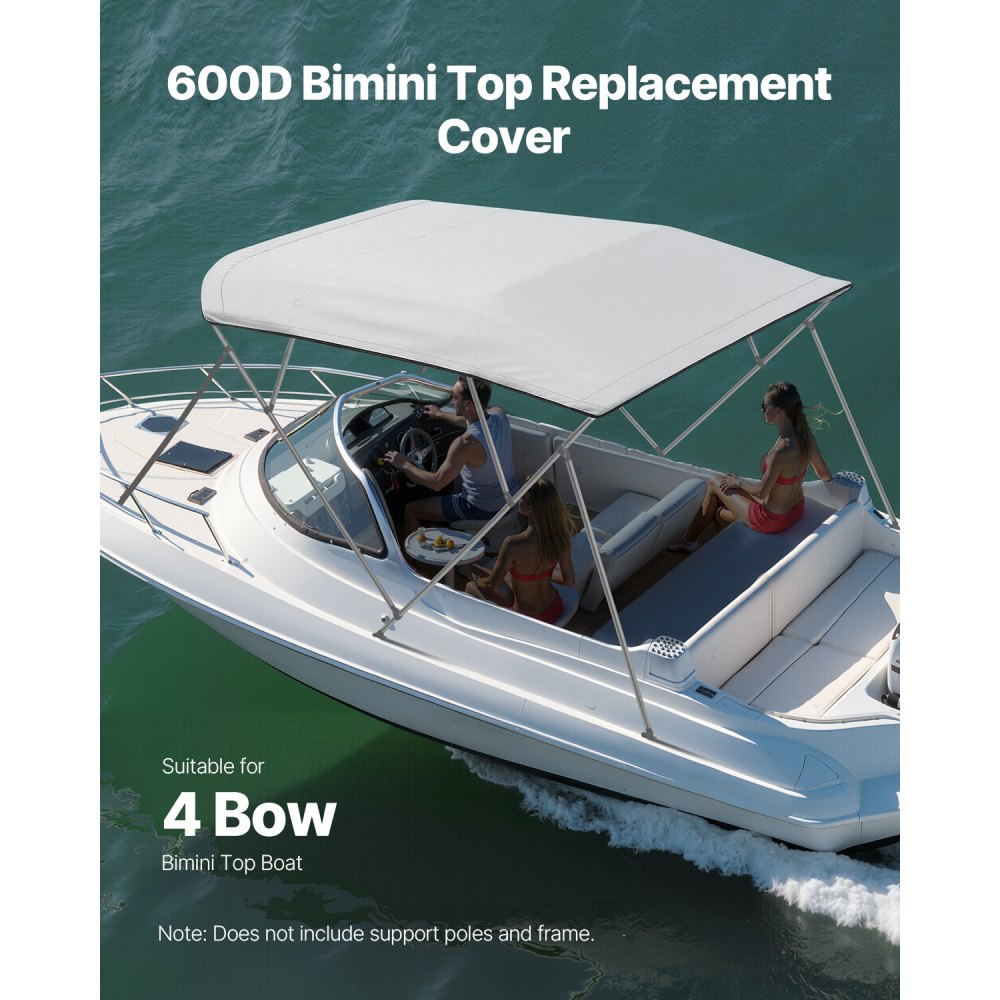 VEVOR 4 Bow Bimini Top Replacement Cover, 8 ft Long Durable 600D Marine Grade Waterproof Sun Shade Boat Canopy with Storage Boot, Easy Install Zipper Sleeve Awning, 96"L x (97"-103")W, Gray (No Frame)