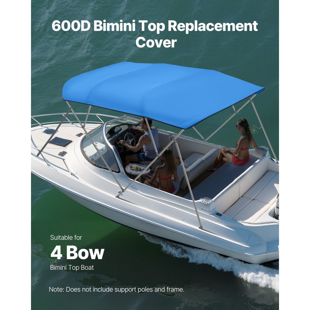 VEVOR 4 Bow Bimini Top Replacement Cover, 8 ft Long Durable 600D Marine Grade Waterproof Sun Shade Boat Canopy with Storage Boot, Easy Install Zipper Sleeve Awning, 96"L x (97"-103")W, Blue (No Frame)