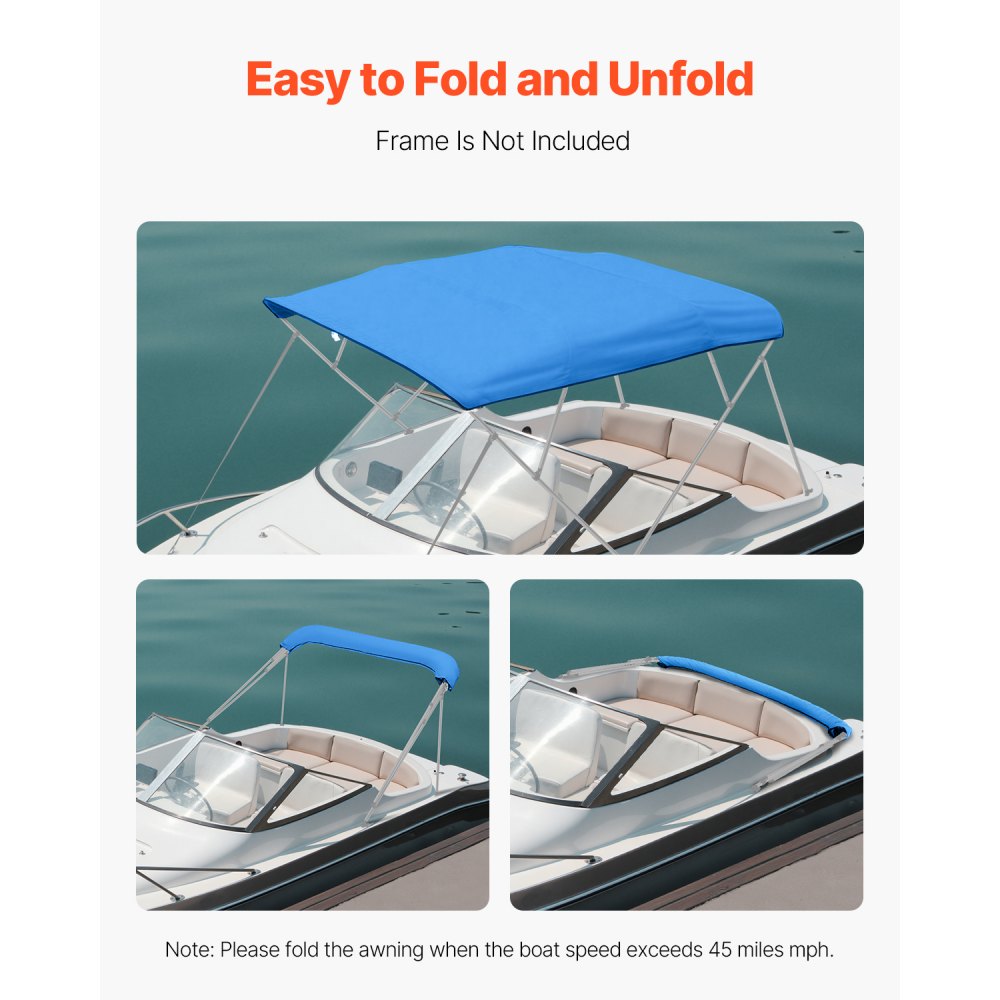 VEVOR 4 Bow Bimini Top Replacement Cover, 8 ft Long Durable 600D Marine Grade Waterproof Sun Shade Boat Canopy with Storage Boot, Easy Install Zipper Sleeve Awning, 96"L x (97"-103")W, Blue (No Frame)