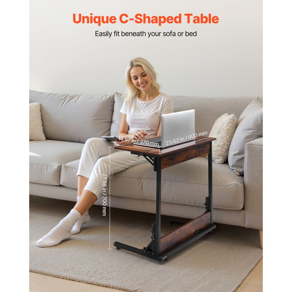 VEVOR C Table, Folding C Shaped End Table with Metal Frame & Adjustable Feet, Foldable C Shaped Side Table for Living Room Bedroom Office, 23.62 x 14.57 x 27.56 inch C Shaped TV Tray, Brown and Black