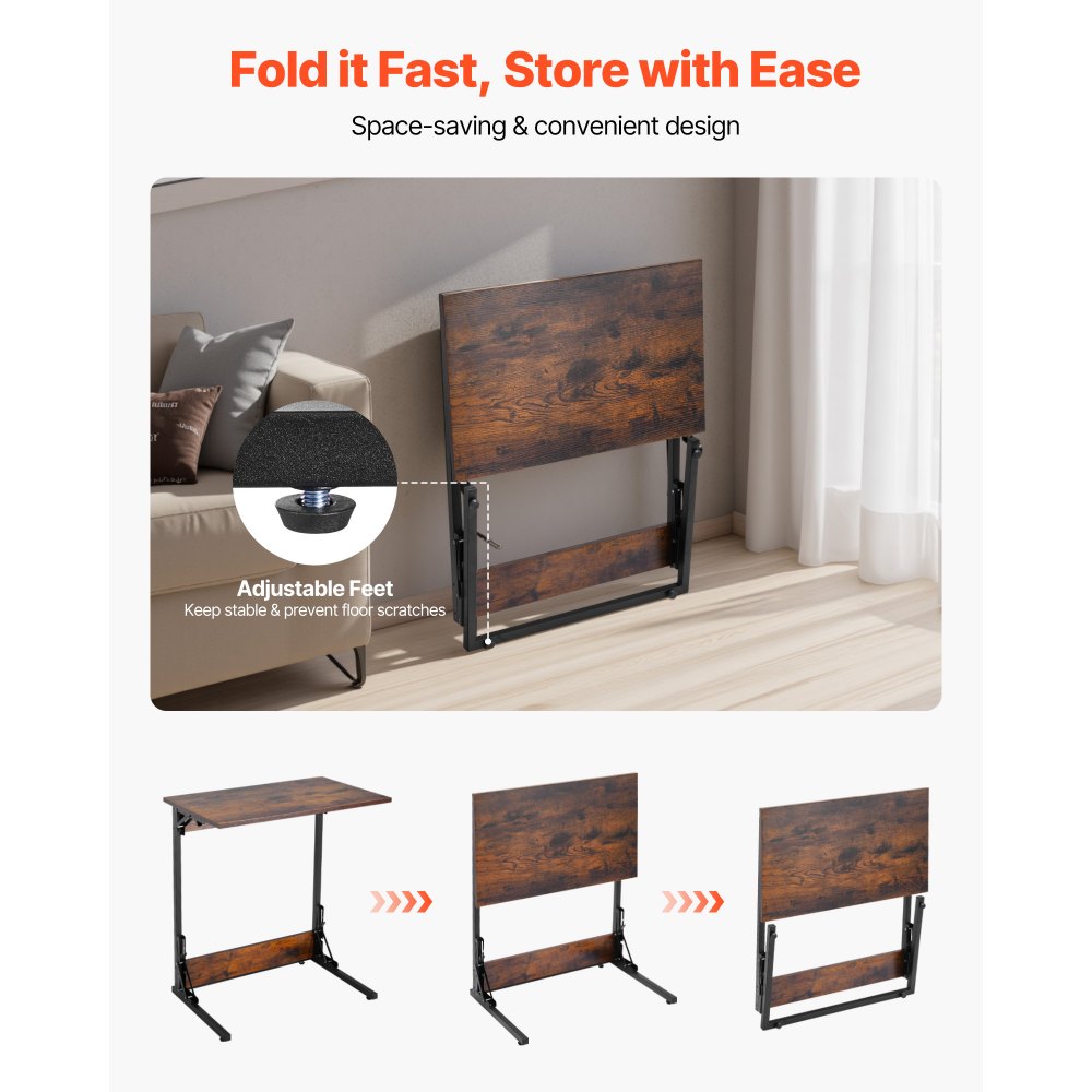 VEVOR C Table, Folding C Shaped End Table with Metal Frame & Adjustable Feet, Foldable C Shaped Side Table for Living Room Bedroom Office, 23.62 x 14.57 x 27.56 inch C Shaped TV Tray, Brown and Black