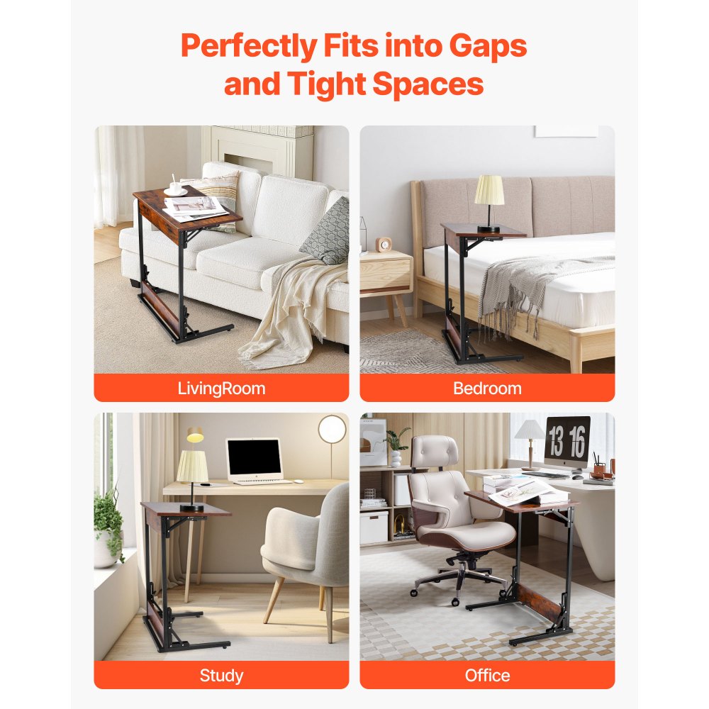VEVOR C Table, Folding C Shaped End Table with Metal Frame & Adjustable Feet, Foldable C Shaped Side Table for Living Room Bedroom Office, 23.62 x 14.57 x 27.56 inch C Shaped TV Tray, Brown and Black