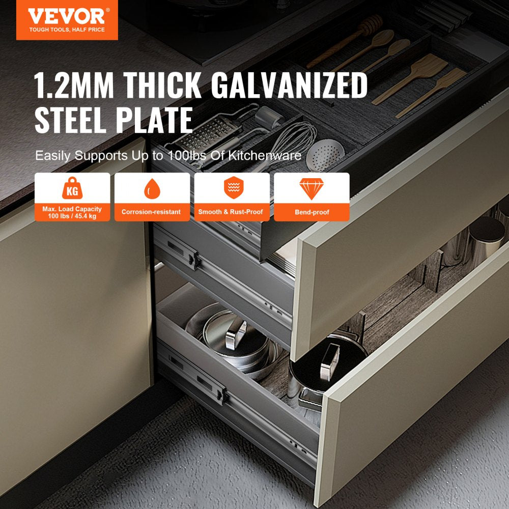 VEVOR 10 Pairs of 22 Inch Drawer Slides Side Mount Rails, Heavy Duty Full Extension Steel Track, Soft-Close Noiseless Guide Glides Cabinet Kitchen Runners with Ball Bearing, 100 Lbs Load Capacity