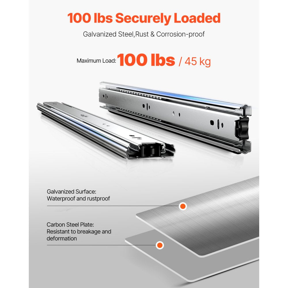 VEVOR Drawer Slides, 24 inch, 10 Pairs Full Extension Ball Bearing Cabinet Rails, 100 LB Load Capacity Heavy Duty Side Mount Dresser Drawer Slides, Drawer Track Runners for Kitchen DIY Replacement
