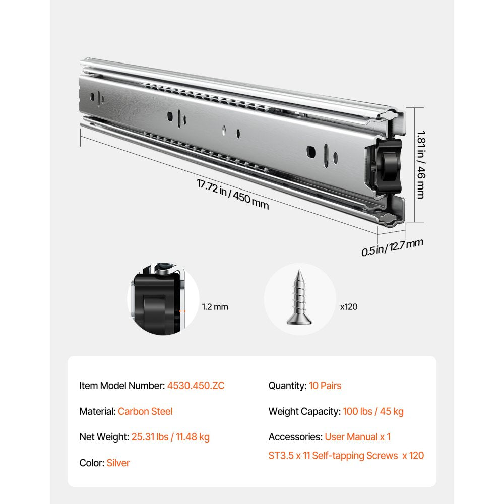 VEVOR Drawer Slides, 18 inch, 10 Pairs Full Extension Ball Bearing Cabinet Rails, 100 LB Load Capacity Heavy Duty Side Mount Dresser Drawer Slides, Drawer Track Runners for Kitchen DIY Replacement