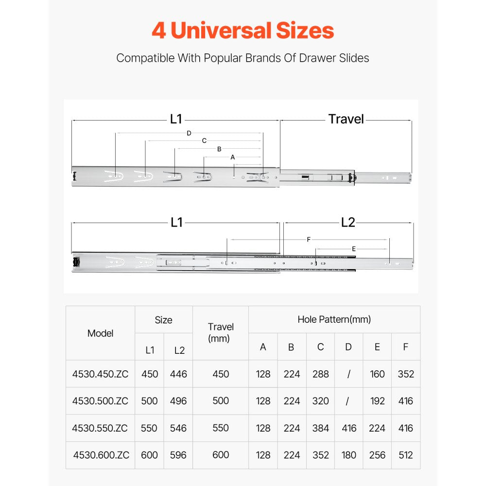 VEVOR Drawer Slides, 22 inch, 10 Pairs Full Extension Ball Bearing Cabinet Rails, 100 LB Load Capacity Heavy Duty Side Mount Dresser Drawer Slides, Drawer Track Runners for Kitchen DIY Replacement