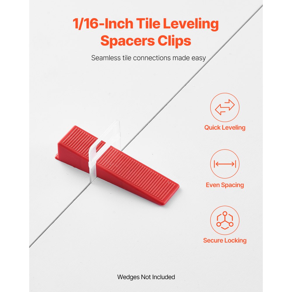 VEVOR Tile Leveling System Clips, 2200-Piece DIY Tile Leveler Spacers, 1/16"(1.5 mm) Tile Leveler Clips, Tile Leveling System Tile Installation Tools for Professional Ceramic Tile, Stone Installation