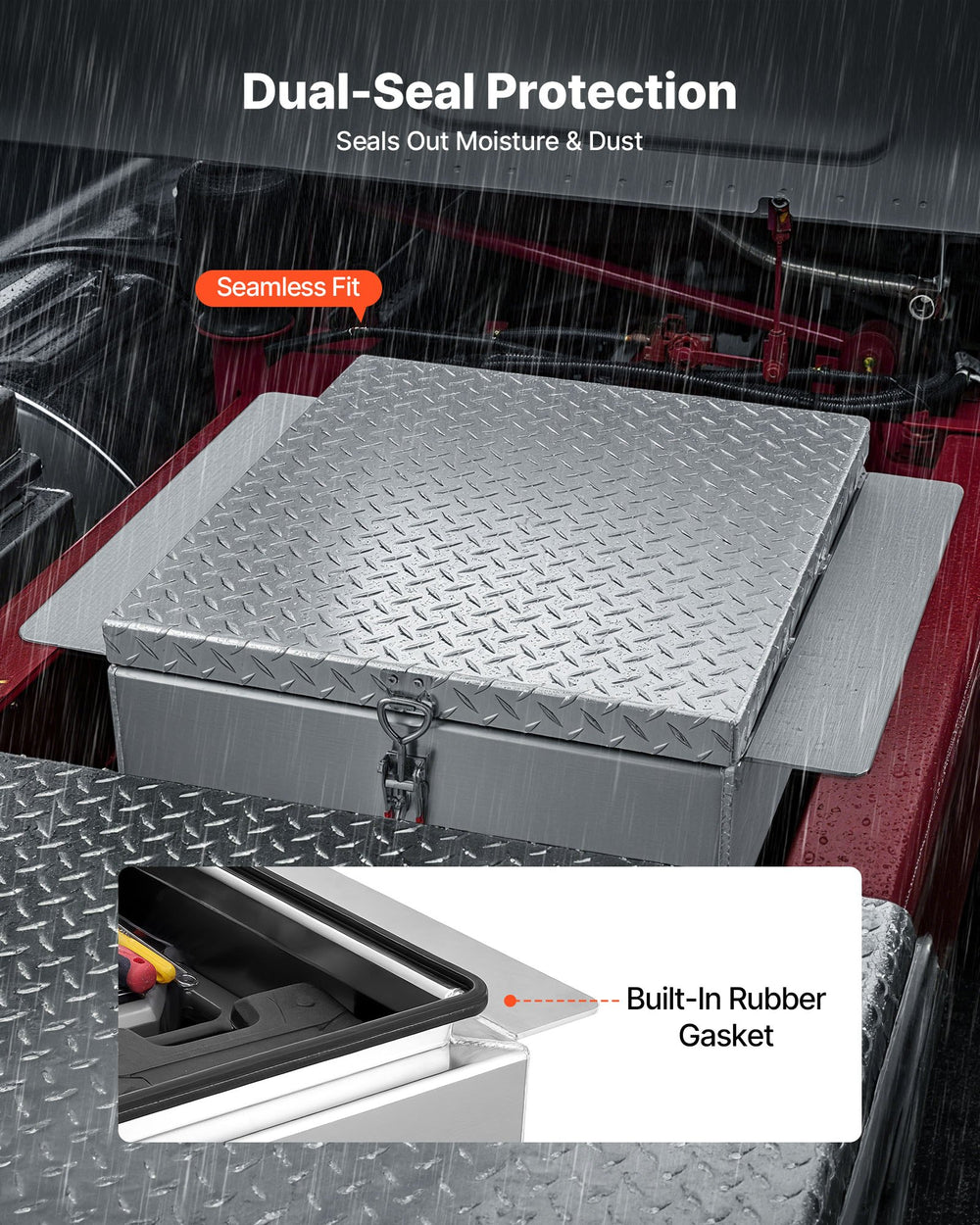 VEVOR truck bed tool box dual-seal protection with built-in rubber gasket (feature image)