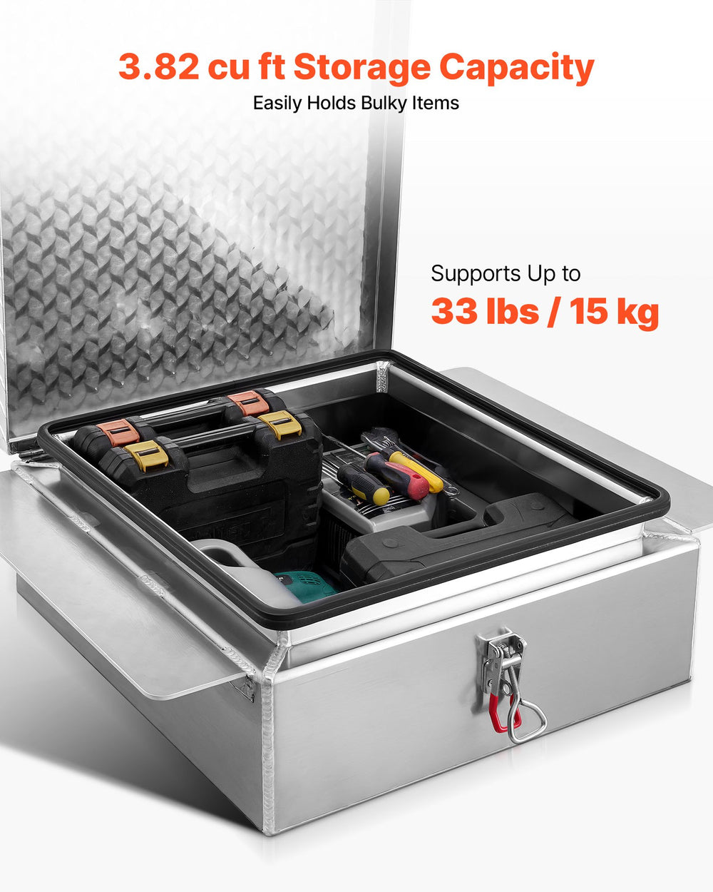 VEVOR truck bed tool box 3.82 cu ft storage capacity supports up to 33 lbs per item (feature image)
