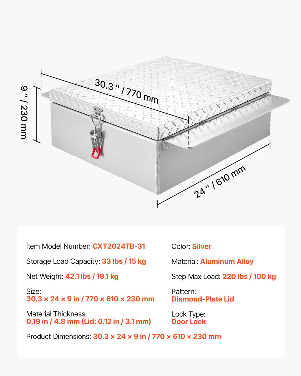 VEVOR truck bed tool box size and key specs diagram (feature image)