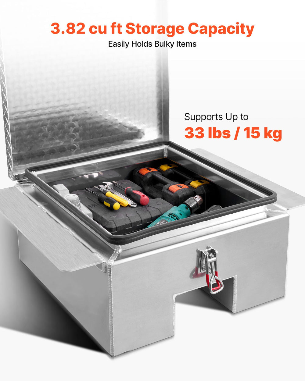 VEVOR truck bed tool box - 3.82 cu ft storage capacity, supports up to 33 lbs / 15 kg per item illustration