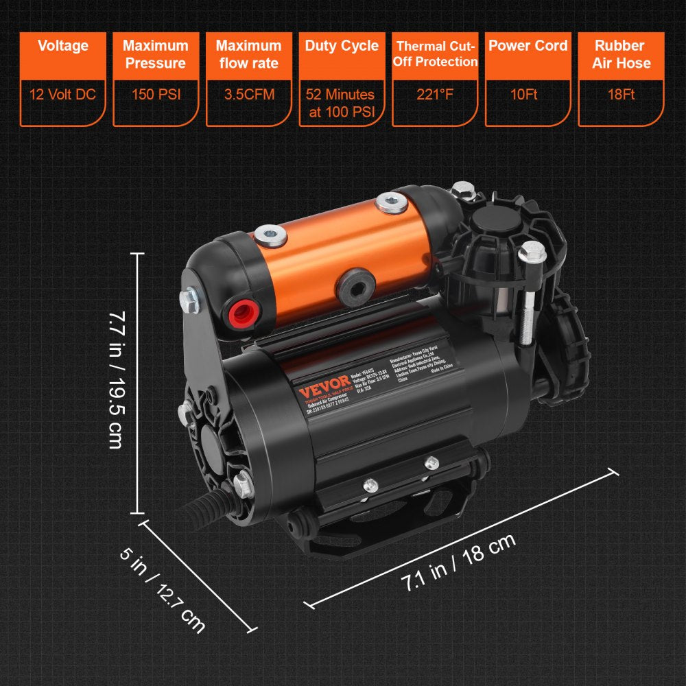 VEVOR Onboard Air Compressor Kit, 150PSI Offroad Air Compressor, Portable Tire Inflator Heavy Duty 3.5CFM Air Pump for Jeep SUV 4x4 Vehicle, Compatibility with Air tools, Air horns, Lockers